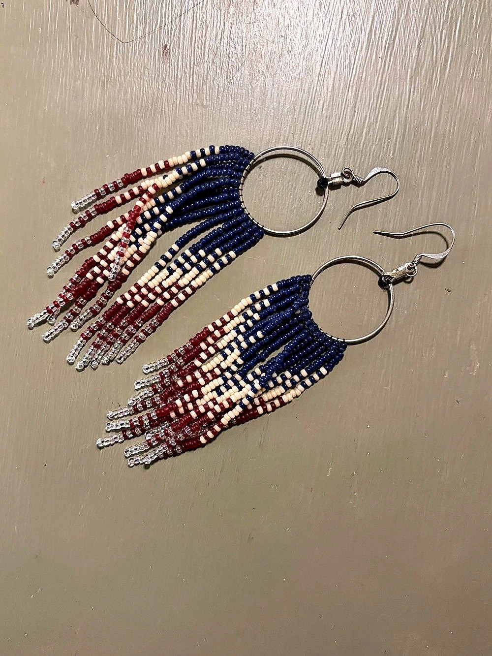 Beaded Fringe Earrings in Blue & Red Like New